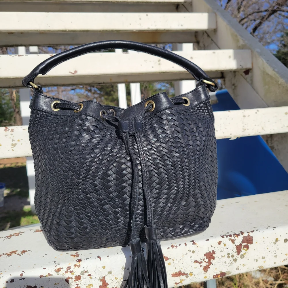 Women's Genuine  Leather Black Wicker Bucket Shoulder Strap Handbag